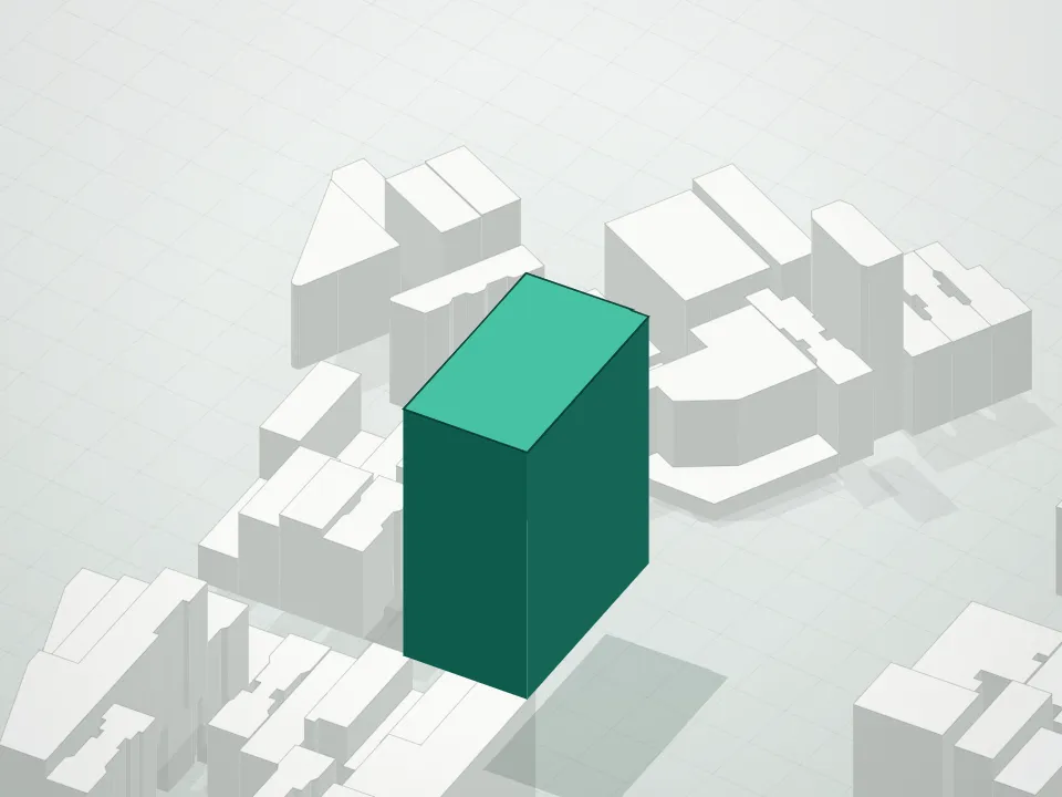 3D massing drawing of 100 East Broadway Condos and neighboring buildings
