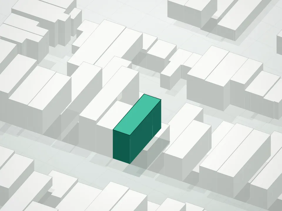 3D massing drawing of 527 Grand Condominium and neighboring buildings