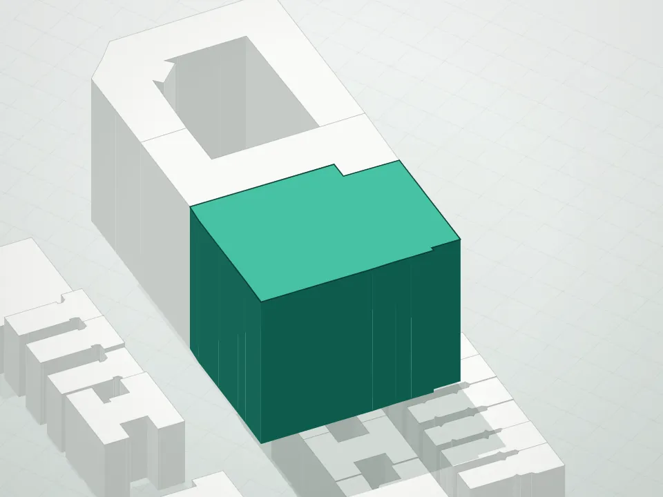 3D massing drawing of Vandewater and neighboring buildings