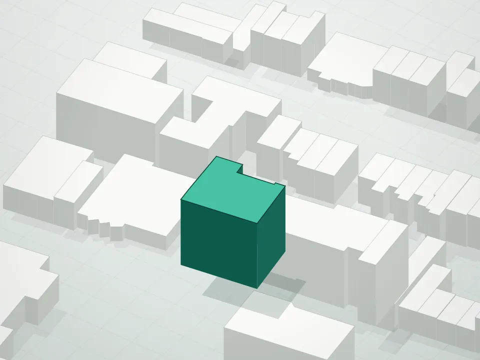 3D massing drawing of 627-629 Dekalb Avenue Condominium and neighboring buildings