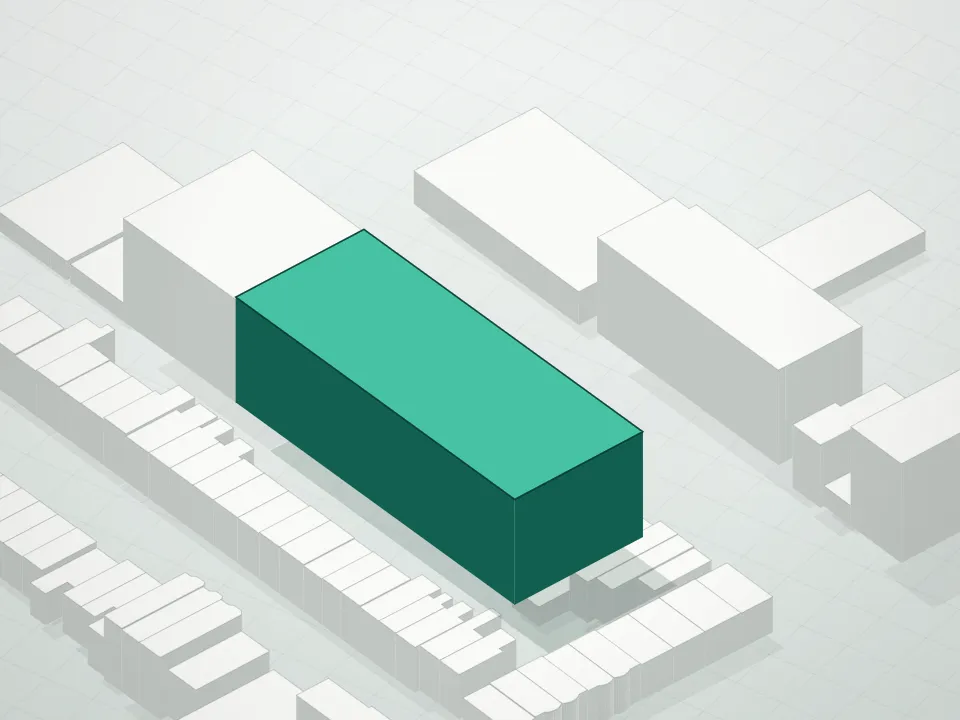 3D massing drawing of Corte Condominium and neighboring buildings