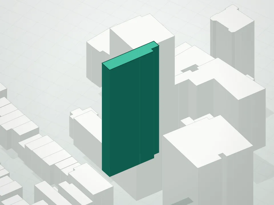 3D massing drawing of 67 Livingston Street Condominium and neighboring buildings
