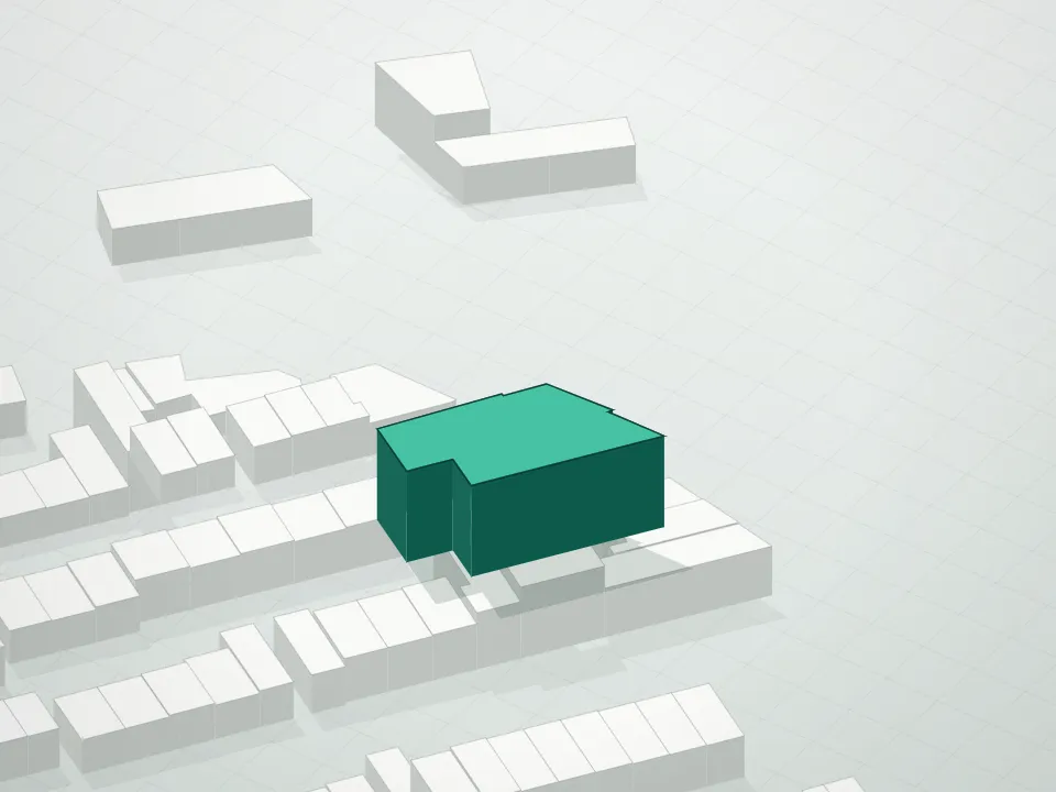 3D massing drawing of Cornerstone Condominiums and neighboring buildings