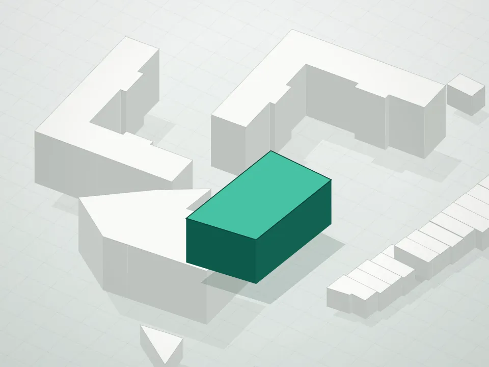 3D massing drawing of Parsons Tower Condominium and neighboring buildings