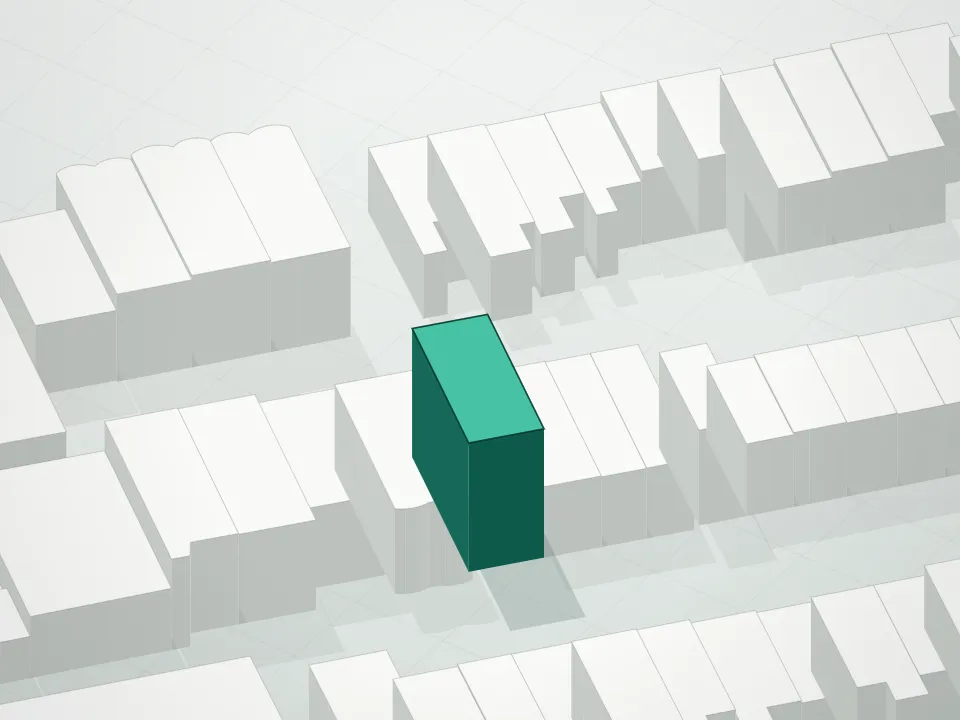 3D massing drawing of 71 Cooper Street Condominium and neighboring buildings