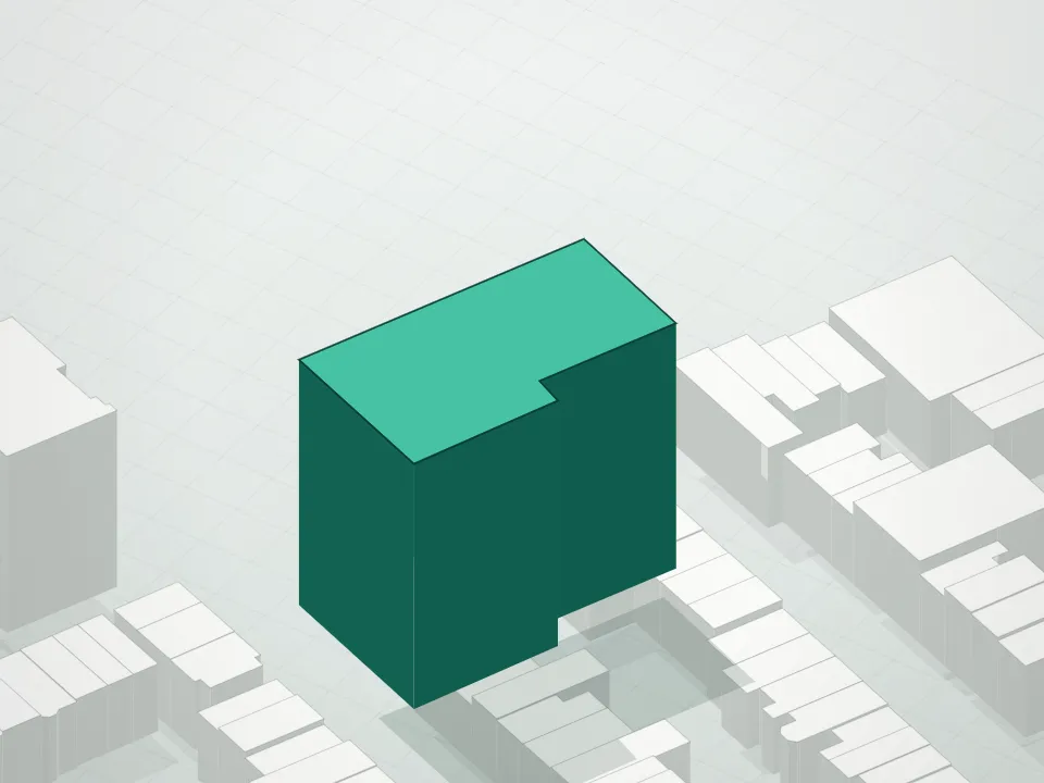 3D massing drawing of 5 River Park Condominium and neighboring buildings