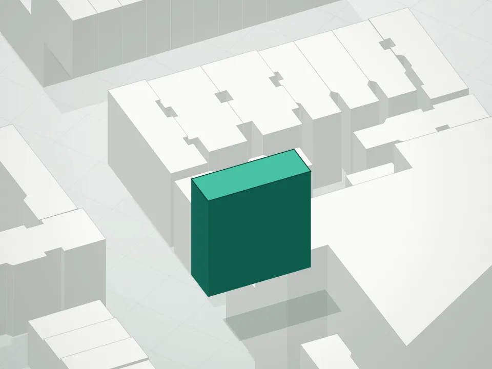 3D massing drawing of Vidro and neighboring buildings