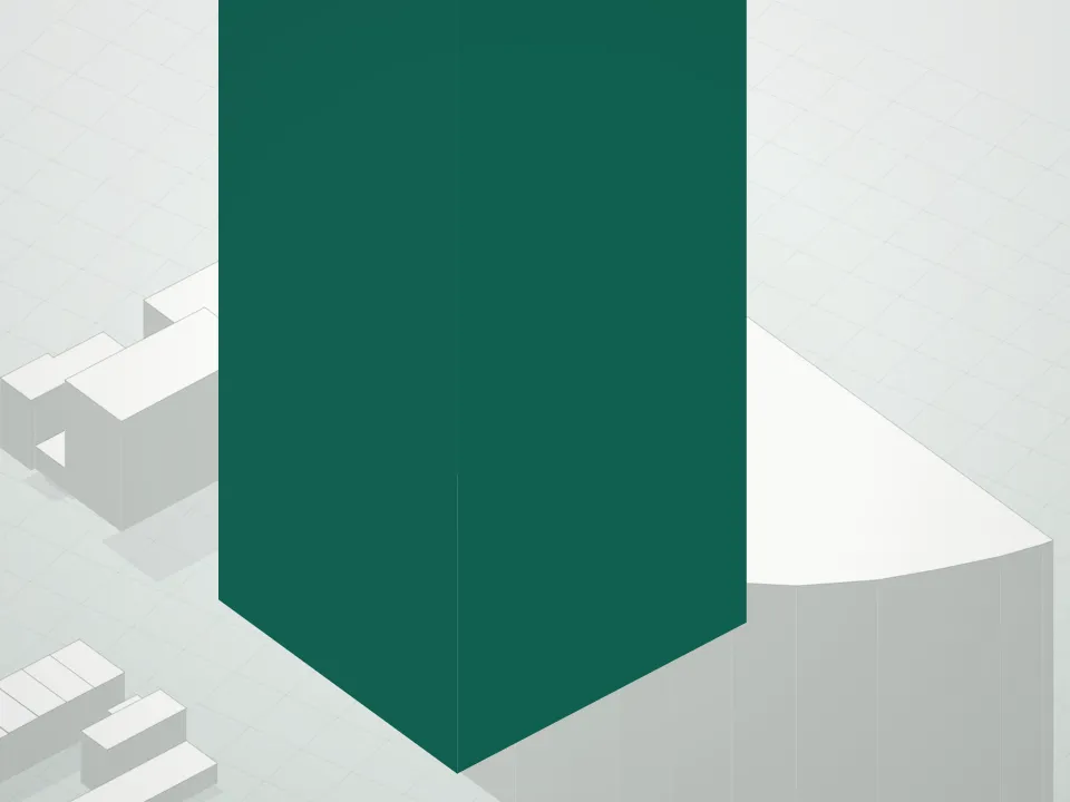 3D massing drawing of Skyline Tower and neighboring buildings