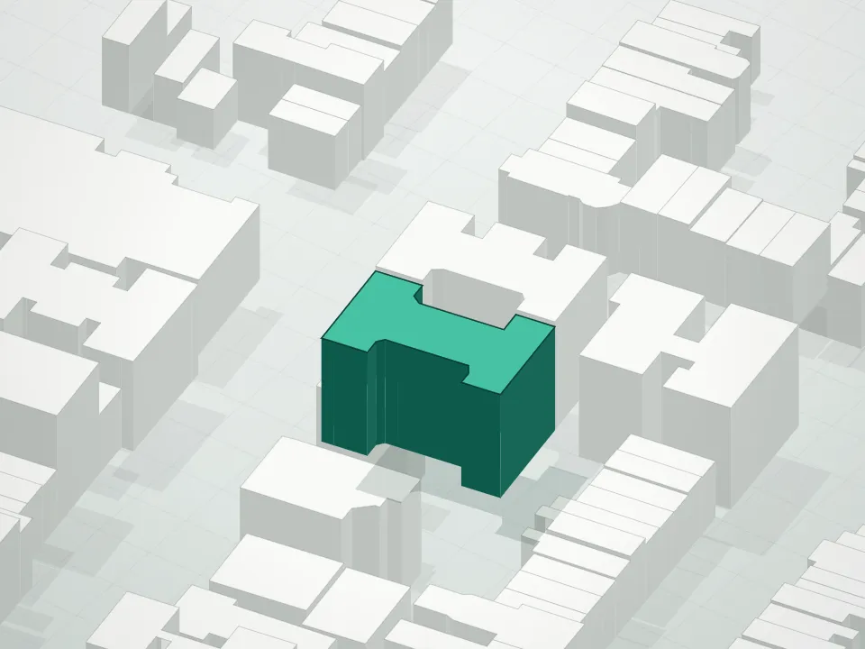 3D massing drawing of 475 Washington Avenue Condominium and neighboring buildings