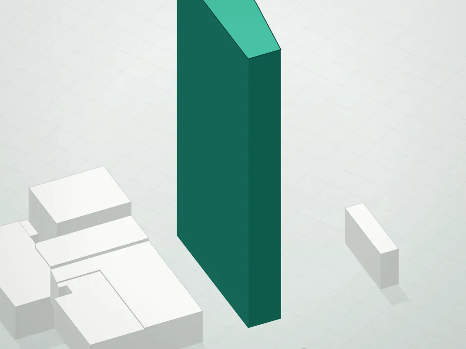 3D massing drawing of 611 W 56th Street Condominium and neighboring buildings