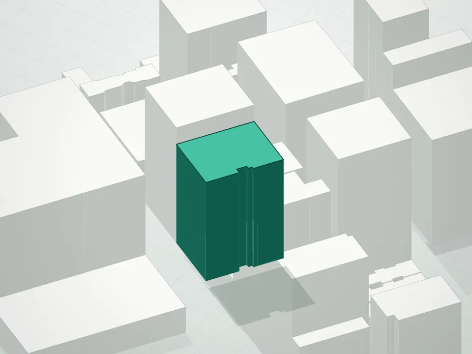 3D massing drawing of Society House Condominium and neighboring buildings