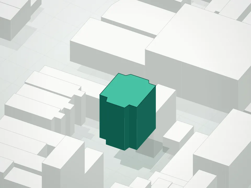 3D massing drawing of Box Street Condominiums and neighboring buildings
