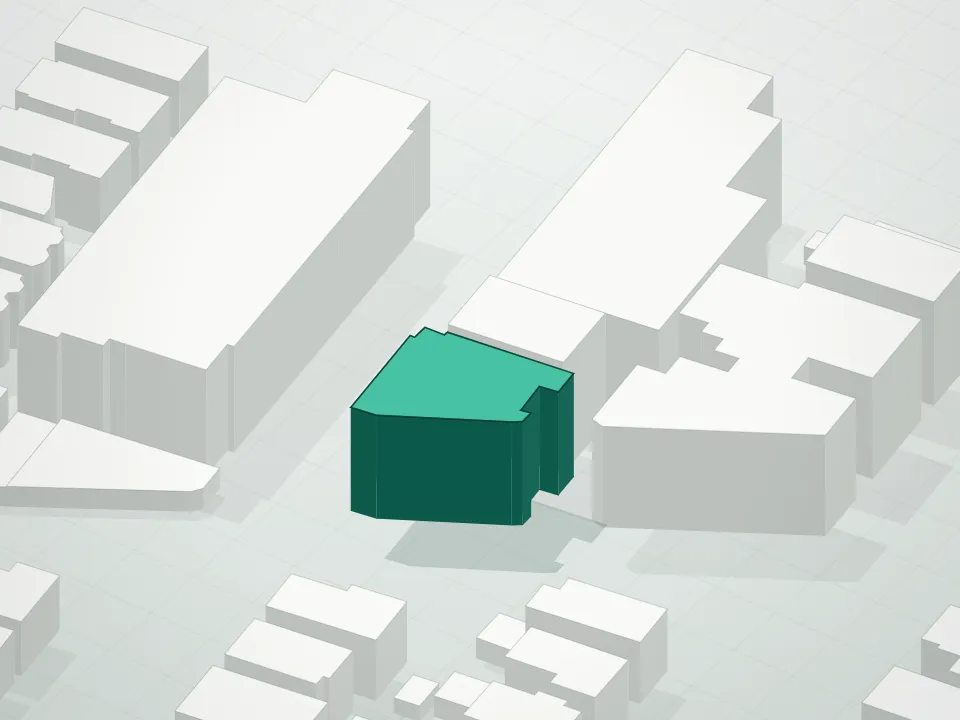 3D massing drawing of 631 East 18th Street Condominium and neighboring buildings