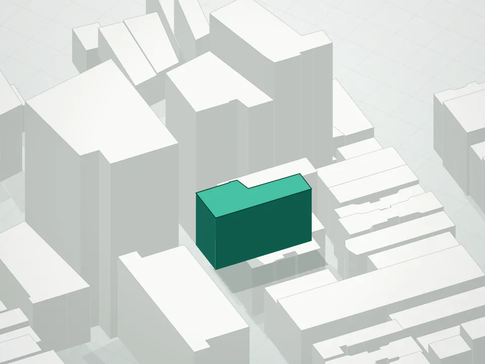3D massing drawing of 3 East Third Street Condominium and neighboring buildings