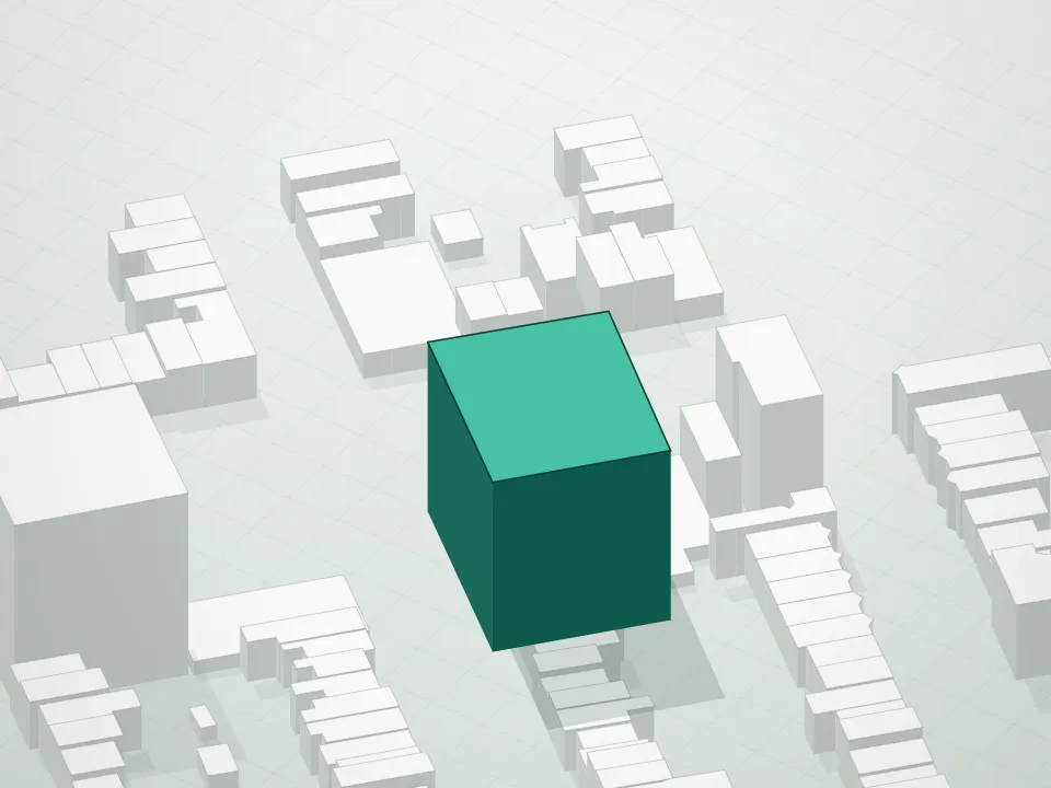 3D massing drawing of Arbor Eighteen Condominium and neighboring buildings