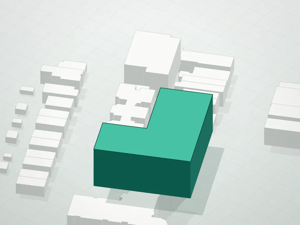 3D massing drawing of One Sixteen Condominium and neighboring buildings