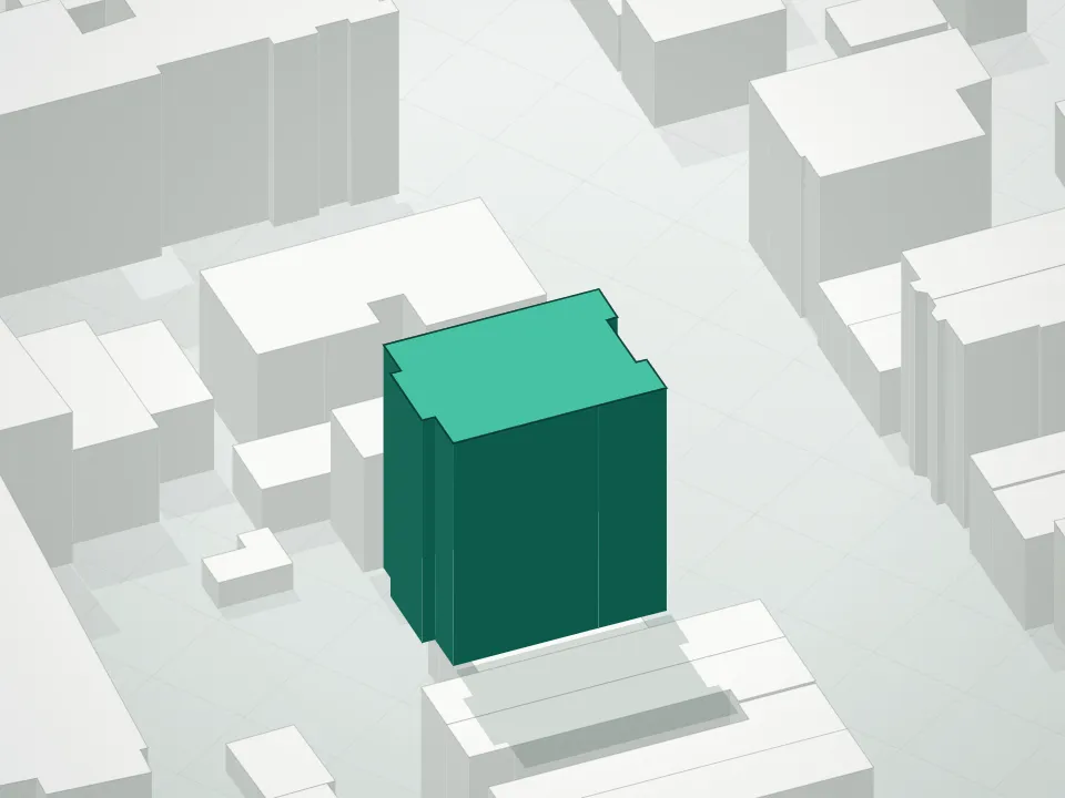 3D massing drawing of Sofo Tower Condominium and neighboring buildings