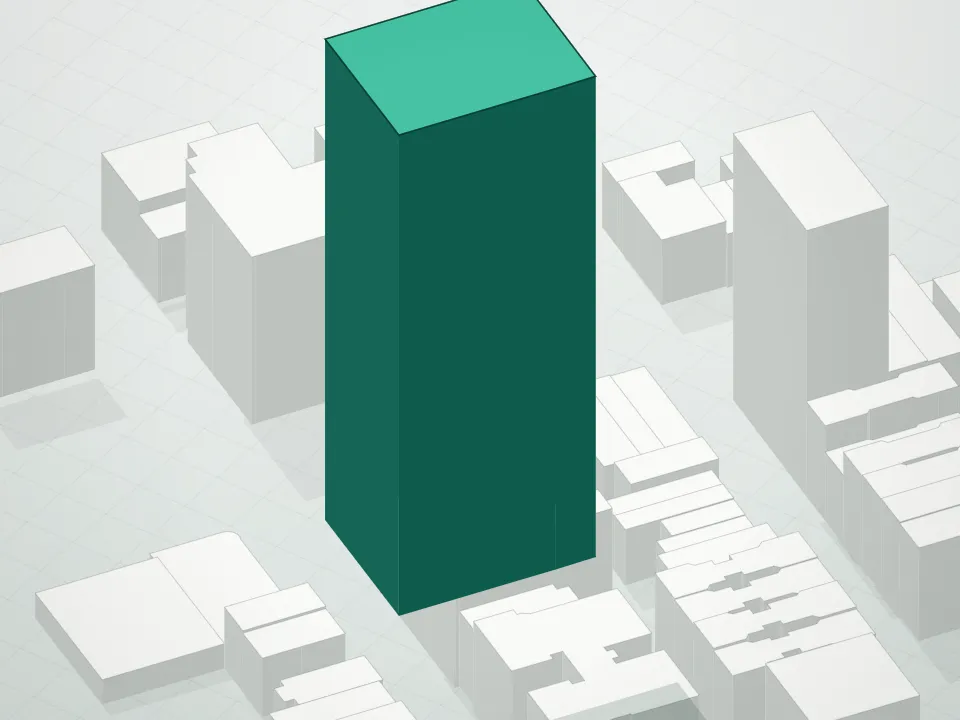 3D massing drawing of 301 East 80th Street Condominium and neighboring buildings