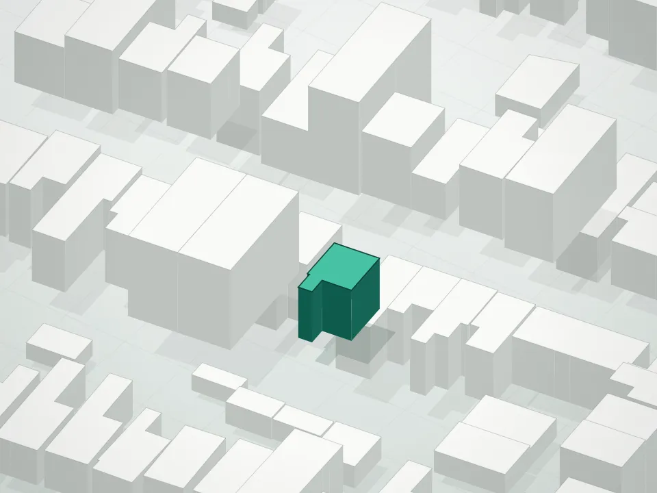 3D massing drawing of Ainslie Street Condominiums and neighboring buildings