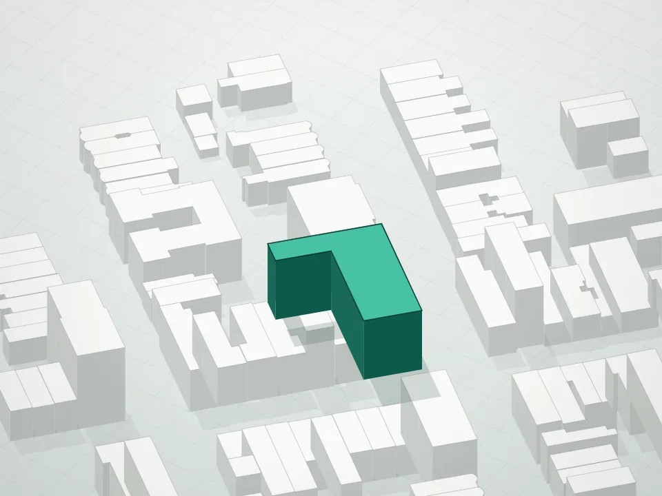 3D massing drawing of 4102 8th Avenue Condominium and neighboring buildings