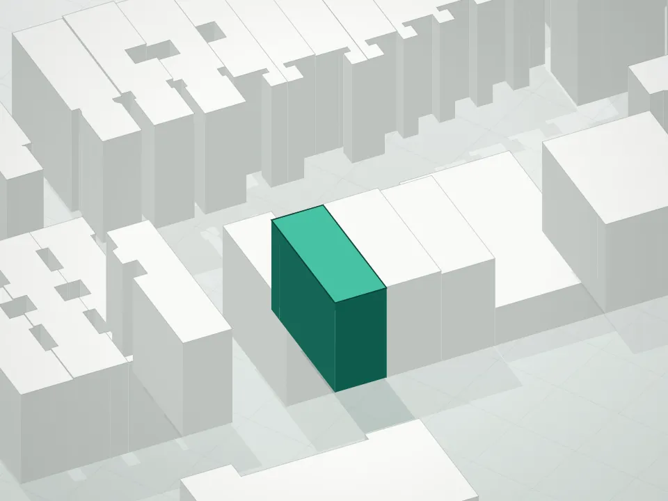 3D massing drawing of Blackfriars Condominium and neighboring buildings
