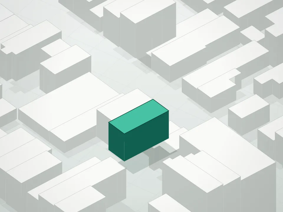 3D massing drawing of 10-42 Condominium and neighboring buildings
