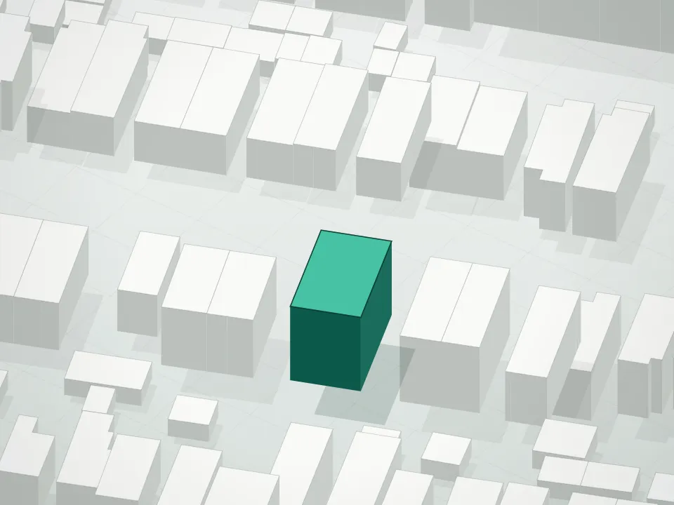 3D massing drawing of Six Brothers Condominium and neighboring buildings
