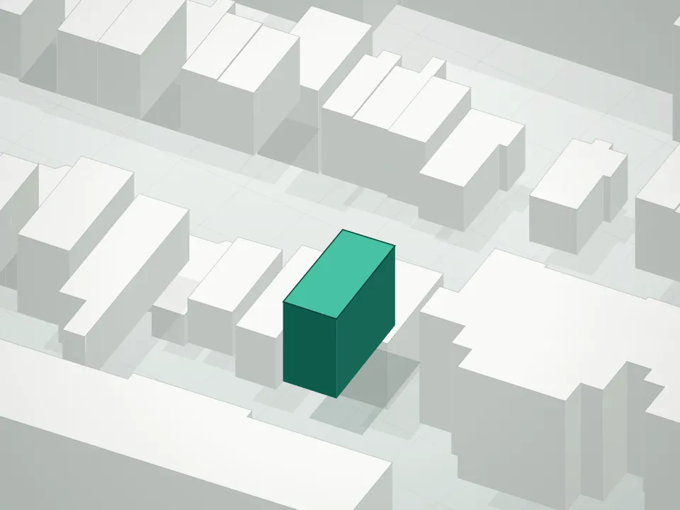 3D massing drawing of 844 Quincy Street Condominium and neighboring buildings