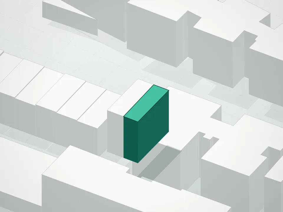 3D massing drawing of 744 Lefferts Condominiums and neighboring buildings