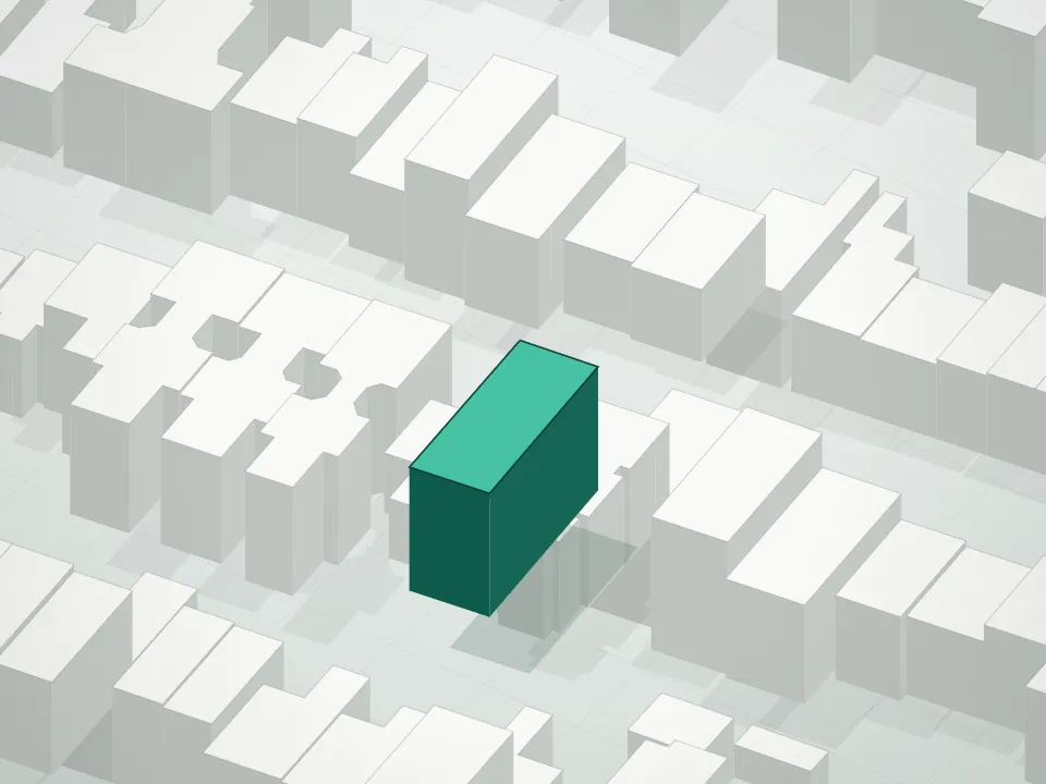 3D massing drawing of 108 India Street Condominium and neighboring buildings