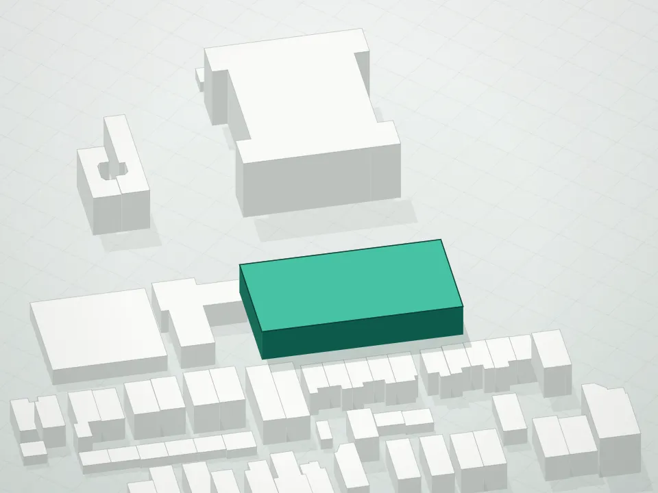 3D massing drawing of Rowan Condominium and neighboring buildings