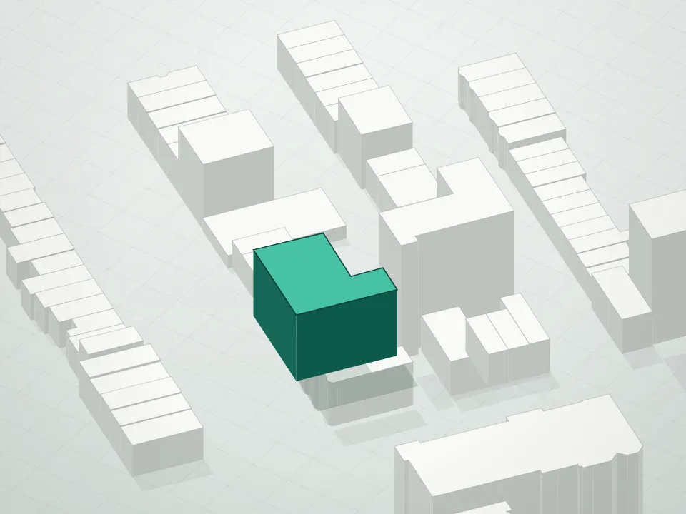 3D massing drawing of 229 9th Street Condominium and neighboring buildings