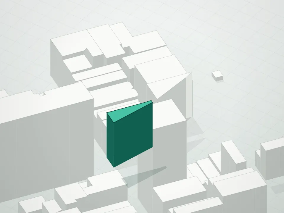 3D massing drawing of 100 Franklin Street Condominium and neighboring buildings