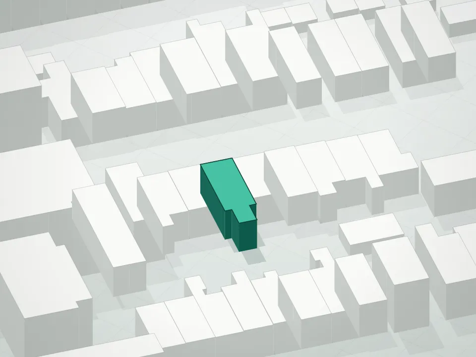 3D massing drawing of 900 Willoughby Condominium and neighboring buildings