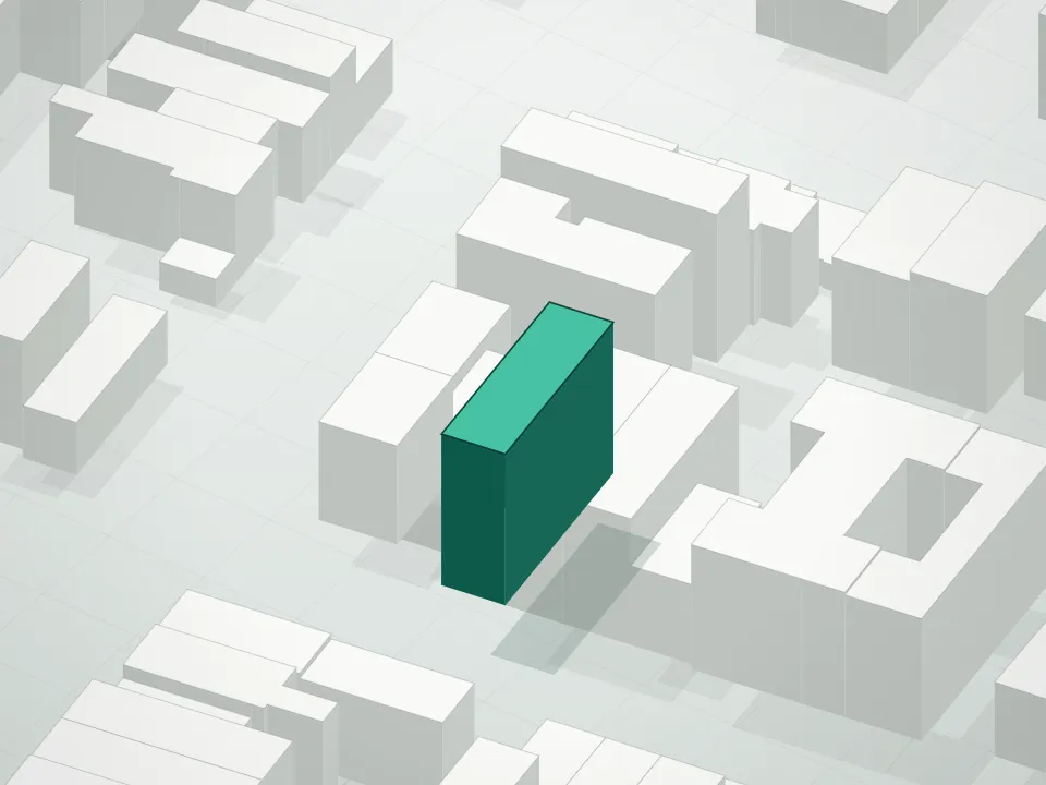 3D massing drawing of 701 Lafayette Condominium and neighboring buildings