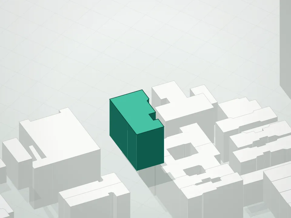 3D massing drawing of Calvert Vaux Condominium and neighboring buildings