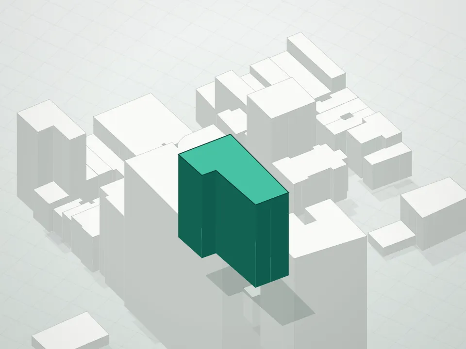 3D massing drawing of Symon Condominium and neighboring buildings