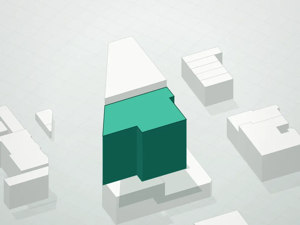 3D massing drawing of 11 Hancock Place Condominium and neighboring buildings