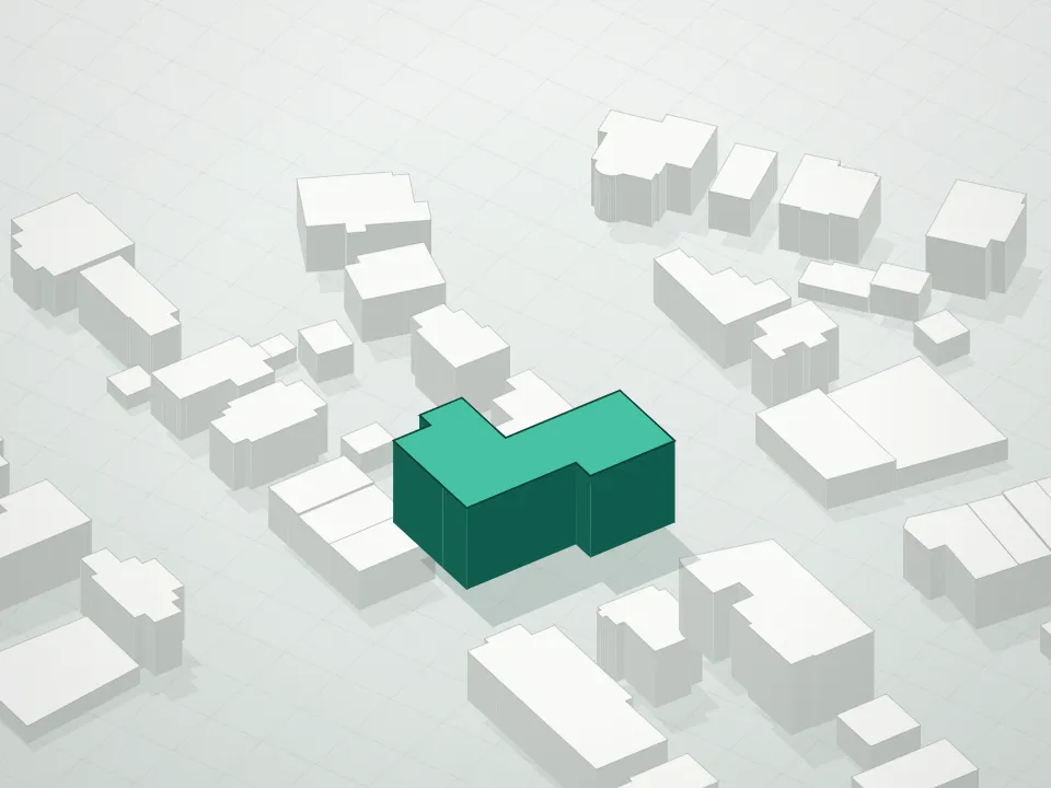 3D massing drawing of Beverly Condominium and neighboring buildings