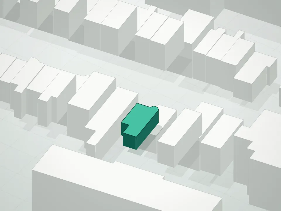 3D massing drawing of 838 Quincy Street Condominium and neighboring buildings
