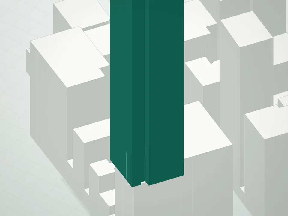 3D massing drawing of Rose Hill Condominium and neighboring buildings