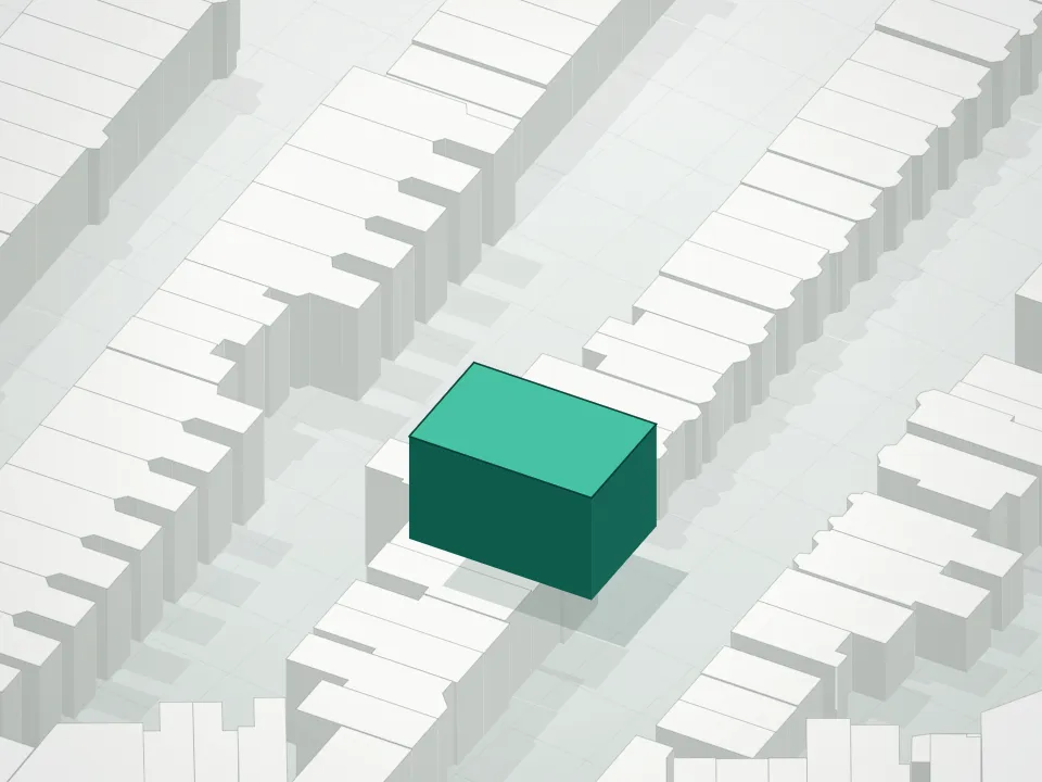 3D massing drawing of Villas At Hausman F/K/A 19 Hausman Street and neighboring buildings