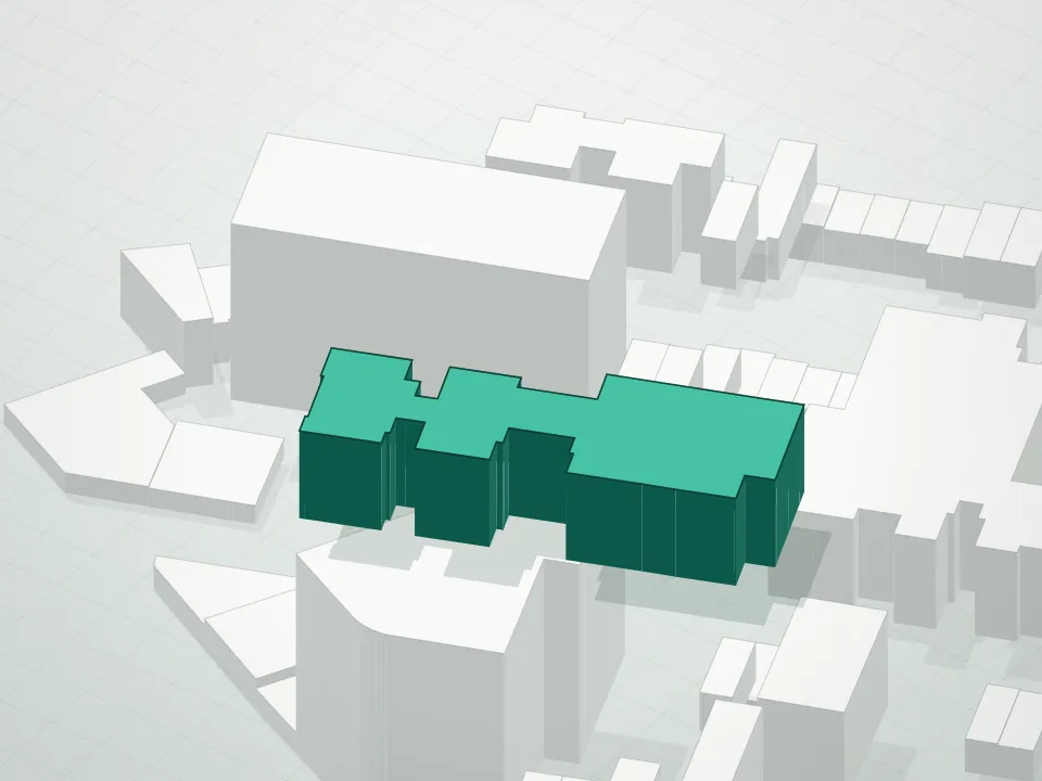 3D massing drawing of Mirella Condominium and neighboring buildings