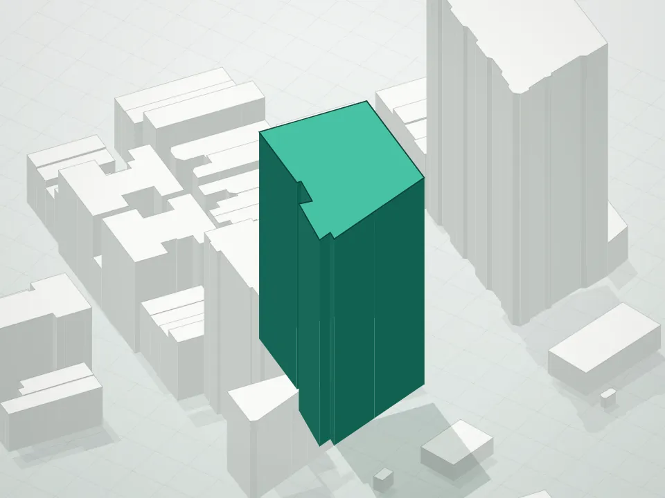 3D massing drawing of Residential Section Of 212 West 72nd Street Condominium and neighboring buildings