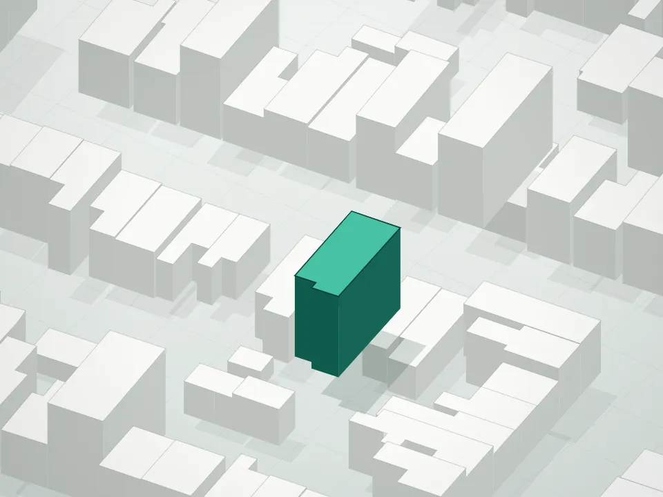 3D massing drawing of 196 Devoe Street Condominium and neighboring buildings