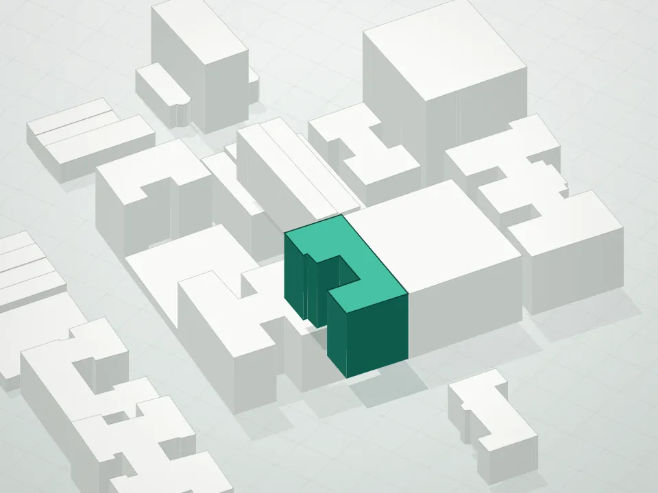 3D massing drawing of Golden Garden Condominium and neighboring buildings
