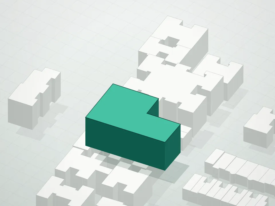 3D massing drawing of 567 Ocean Condominium and neighboring buildings