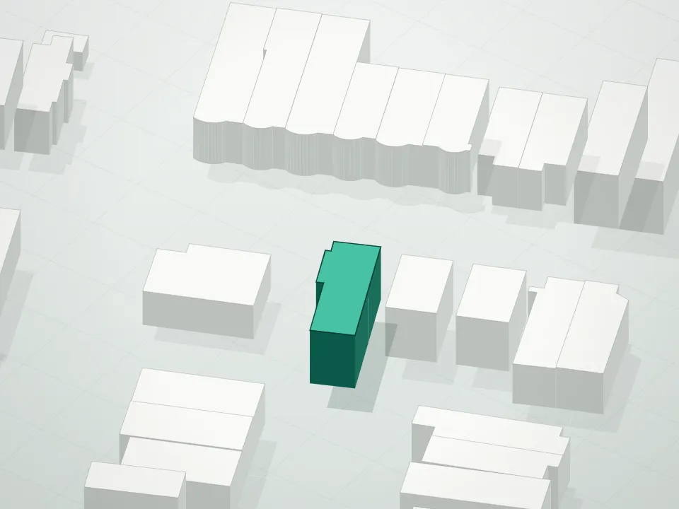 3D massing drawing of Parthenon Two Condominium and neighboring buildings