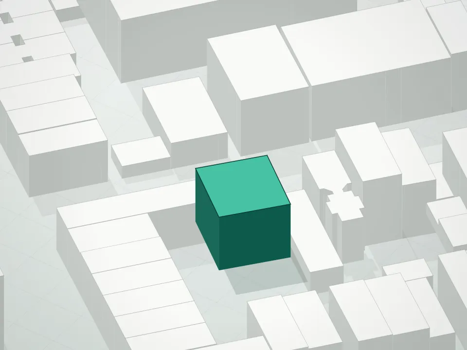 3D massing drawing of 364 Harman Street Luxury Condominium and neighboring buildings