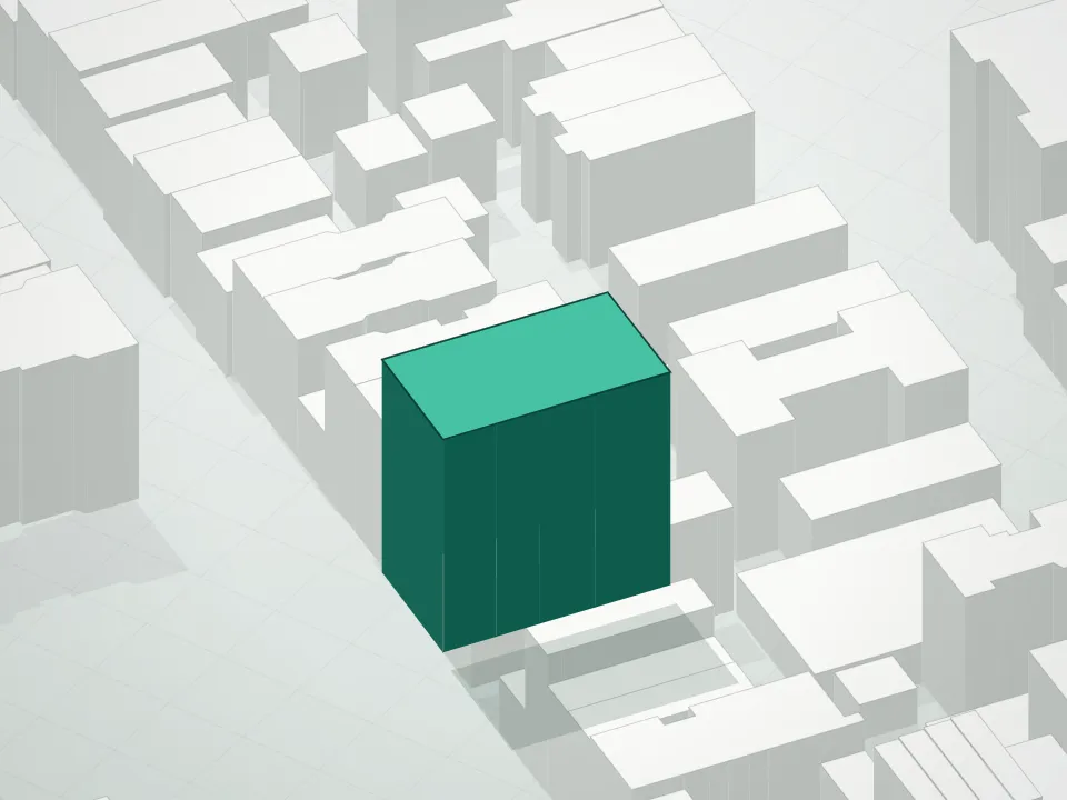 3D massing drawing of Avant and neighboring buildings